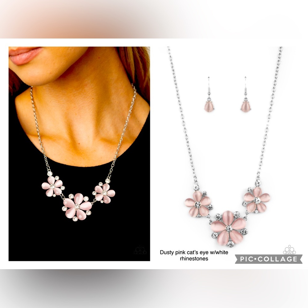 Effortlessly Efflorescent  Pink Cat’s Eye Floral Necklace and Earring Set